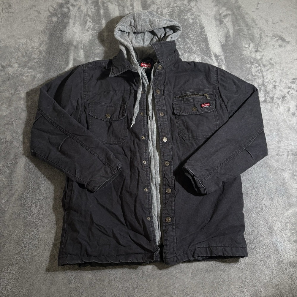 Wrangler Canvas Hoodie Workwear Jacket Mens Small Quilted Lined Black Grunge